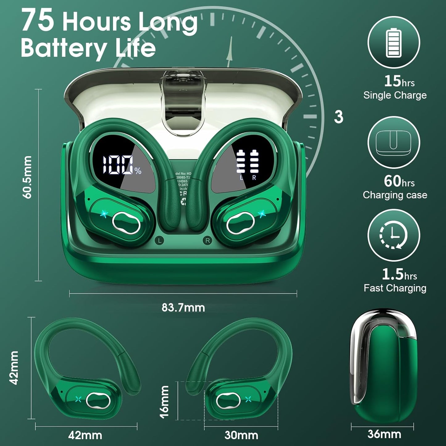 STECEi Wireless Earbuds 75hrs Bluetooth 5.4 Headphone Sport, Bluetooth Earbuds HiFi Stereo Over Ear Bud with Earhooks, ENC Noise Cancelling Mic, IP7 Waterproof Wireless Earphone for Workout/Running