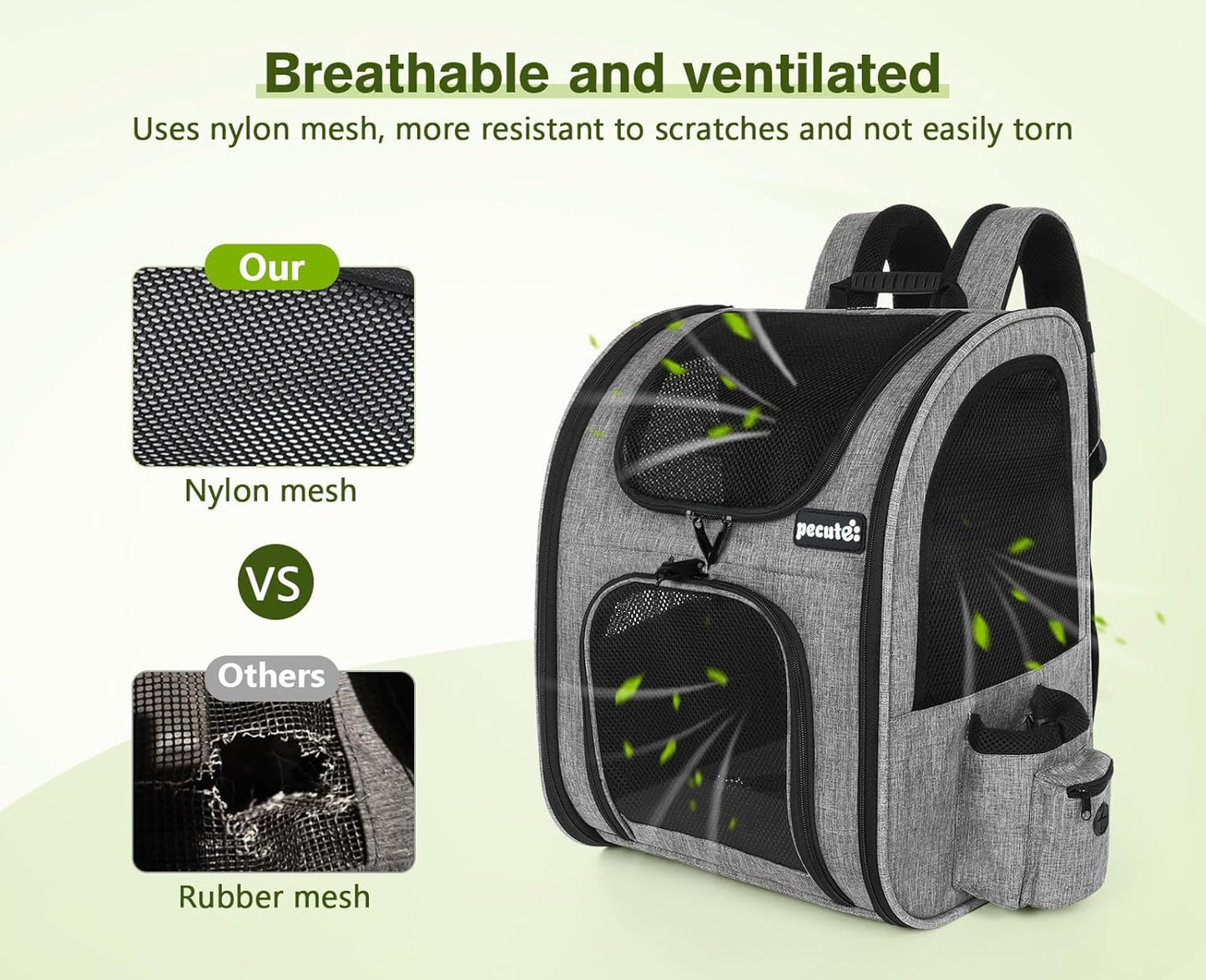 Pecute Cat Backpack with Breathable Mesh, Dog Backpack Carrier with Multi-Pockets for Cats Puppies, Pet Backpack Carrier for Travel Hiking Camping Outdoor (Gray)