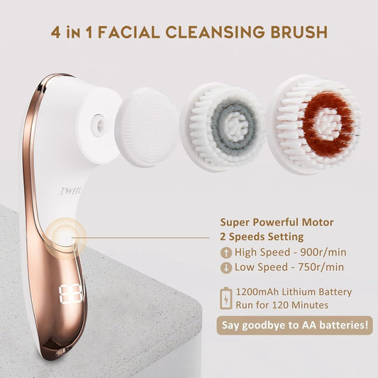 Electric Face Brush Scrubber Rechargeable Facial Exfoliator IPX-7 Waterproof Spin Cleanser Rotating Spa Machine for Exfoliating, Massaging and Deep Cleansing with 4 Brush Heads - PuriLite