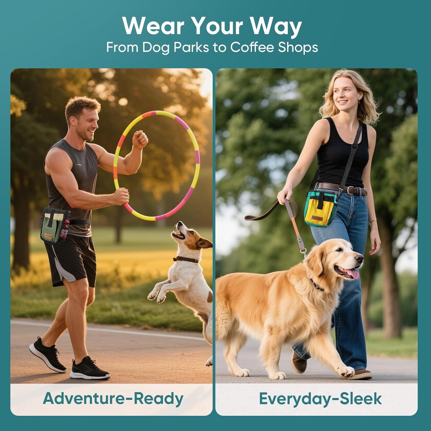 Dog Treat Pouch with Collapsible Bowl & Zippered Pockets Hands-Free Training Treat Pouch Bag for Dogs Waterproof Pet Waist Bag, Adjustable Strap Training, Hiking, Outdoor Use (Black)