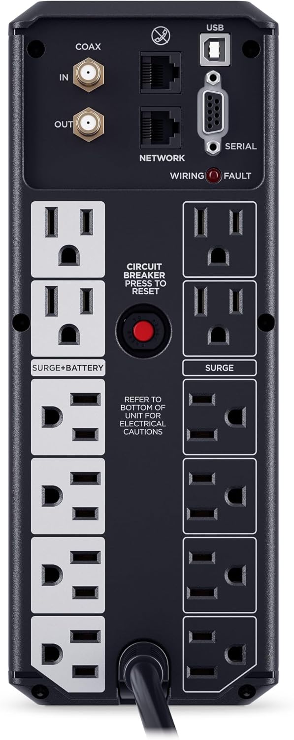 CyberPower CP1500AVRLCD3 Intelligent LCD UPS System, 1500VA/900W, 12 Outlets, 2 USB Ports, AVR, Mini Tower, Black