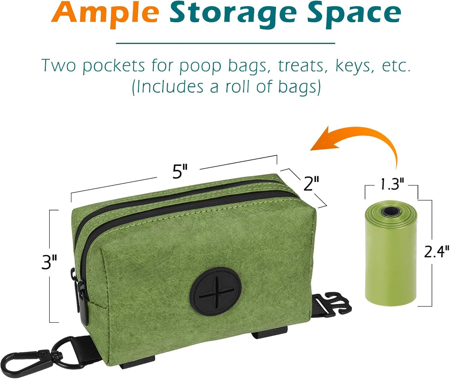 PetBonus Waterproof Dog Poop Bag Holder for leashes, Portable Pet Waste Bag Dispenser, 2 Pouches for Treat Holder and Walking Accessories, Fit All Leashes, Includes 1 Roll of Dog Poop Bags (Green)
