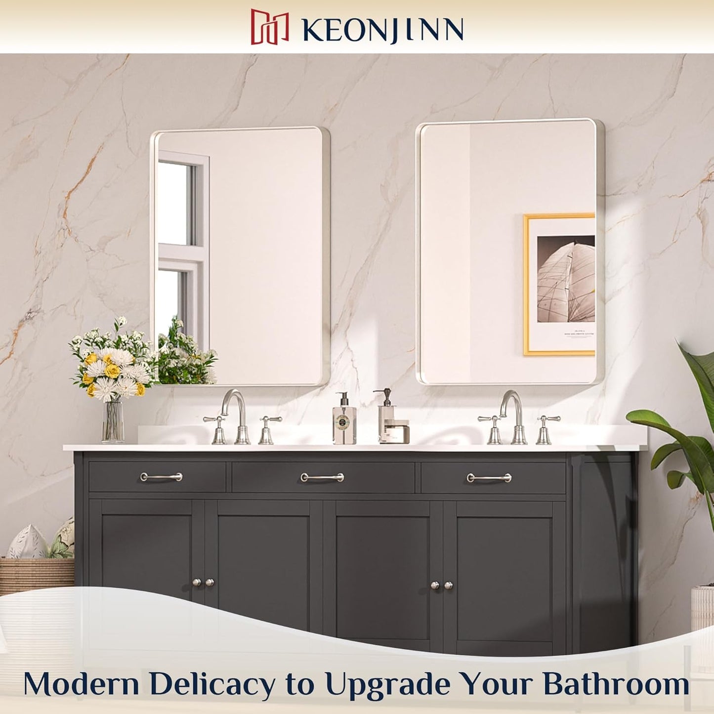 Keonjinn 42 x 36 Brushed Nickel Bathroom Vanity Mirror, Large Rounded Rectangle Bathroom Mirrors for over Sink, Metal Framed Silver Mirror for Wall, Shatterproof HD Tempered Glass(Horizontal/Vertical)