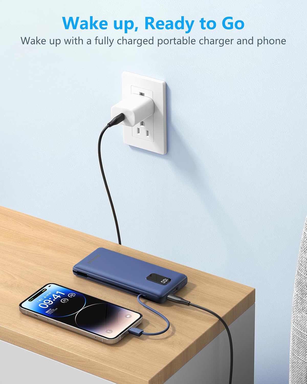 Charmast 10000mAh Portable Charger with Built-in Cables and AC Wall Plug,USB C Battery Pack Power Bank,5 Output 2 Input Battery Pack Compatible with iPhone 16/15/14/13/12,Andriod Series