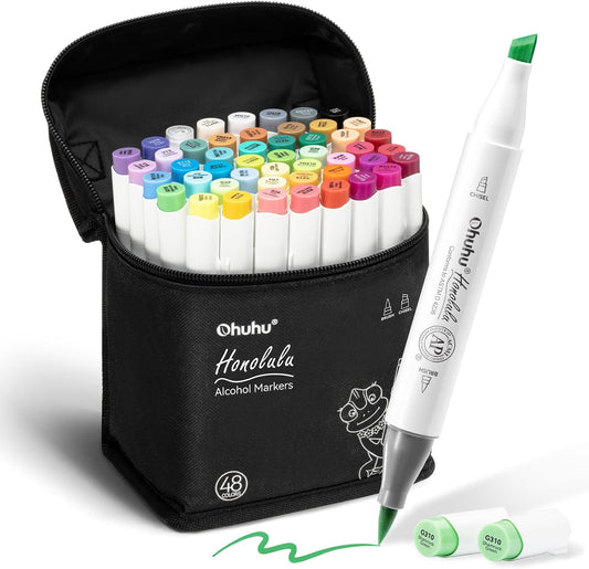 Ohuhu 48 Color Alcohol Markers Brush Tip: Double Tips Drawing Marker for Adults Artists Coloring Books Soft Tip Markers 1 Alcohol-based Marker Blender, Brush & Chisel- Honolulu Art Pen Gift