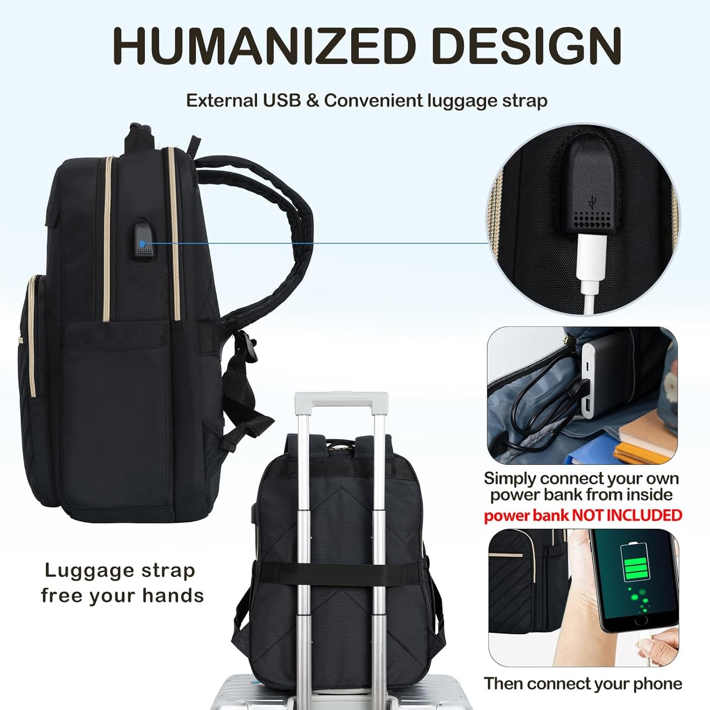 VANKEAN Laptop Backpack for Women Men Work Laptop Bag Fashion with USB Port, Daypacks for College, Business (Black, 15.6 Inch)