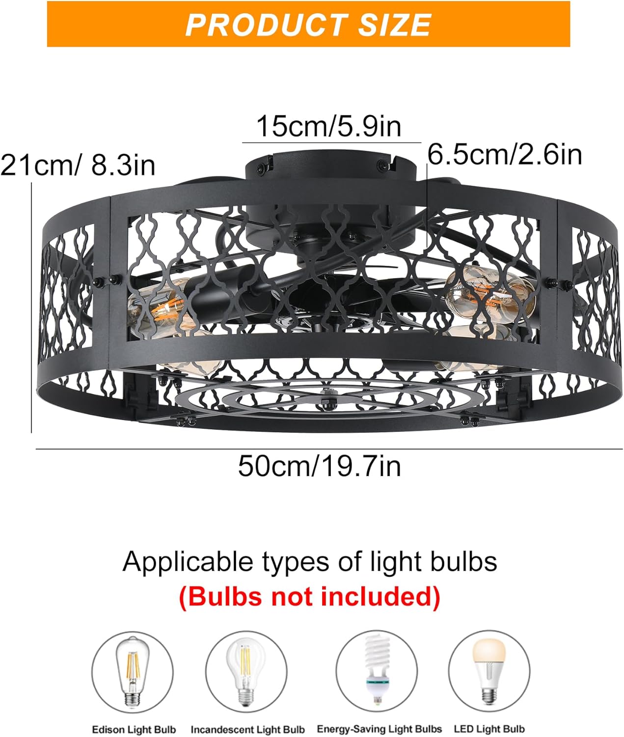 Garwarm Caged Low Profile Ceiling Fan with Lights and Remote, 20in Rustic Flush Mount Small Farmhouse Bladeless Ceiling Fan for Bedroom, Kitchen, Dining Room
