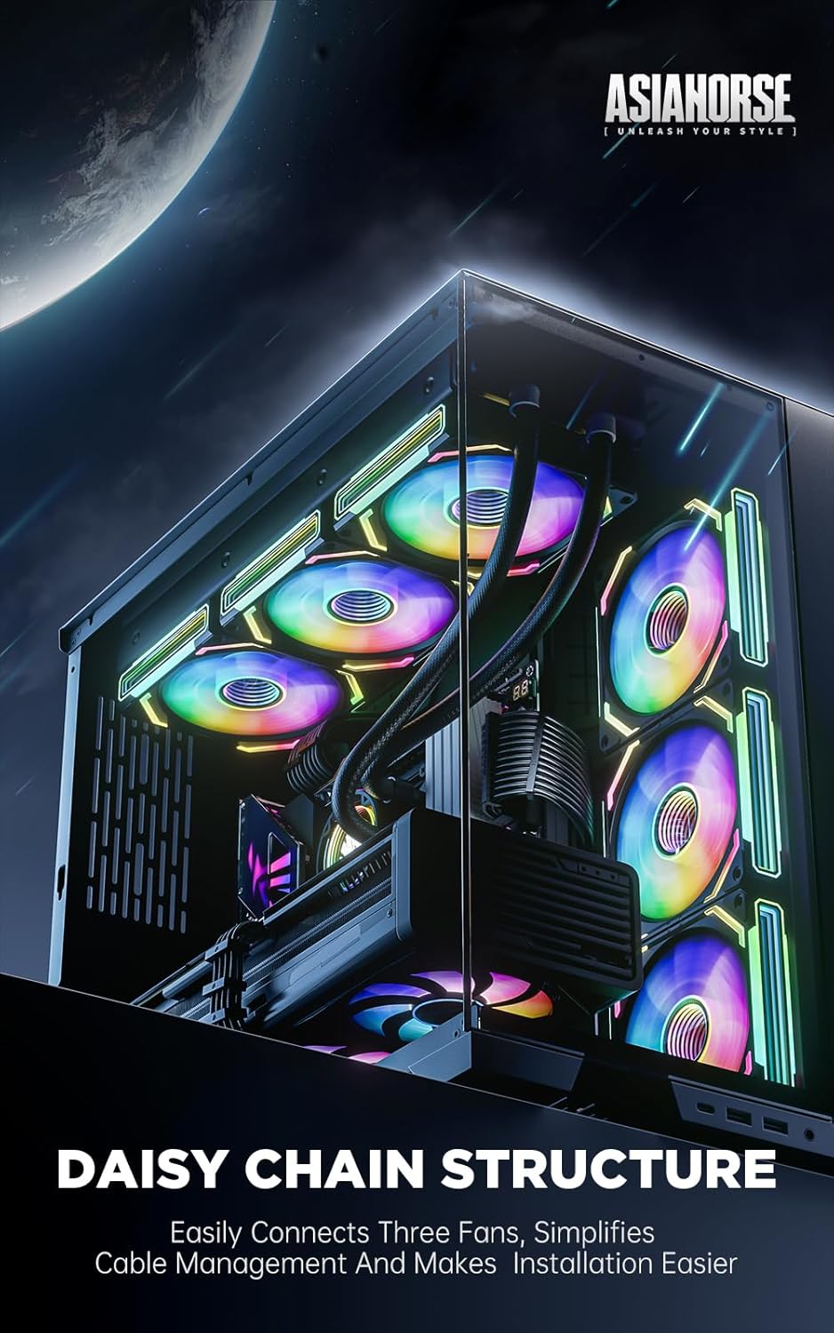 AsiaHorse COSMIQ-Black 120mm PC RGB Fans, 5V 3-PIN Connector Daisy Chain FDB PWM Computer Case Fans with RGB Controller for Cases CPU Liquid Coolers, 3Pack (Black) (White, 3_Pack_Forward_Blade)
