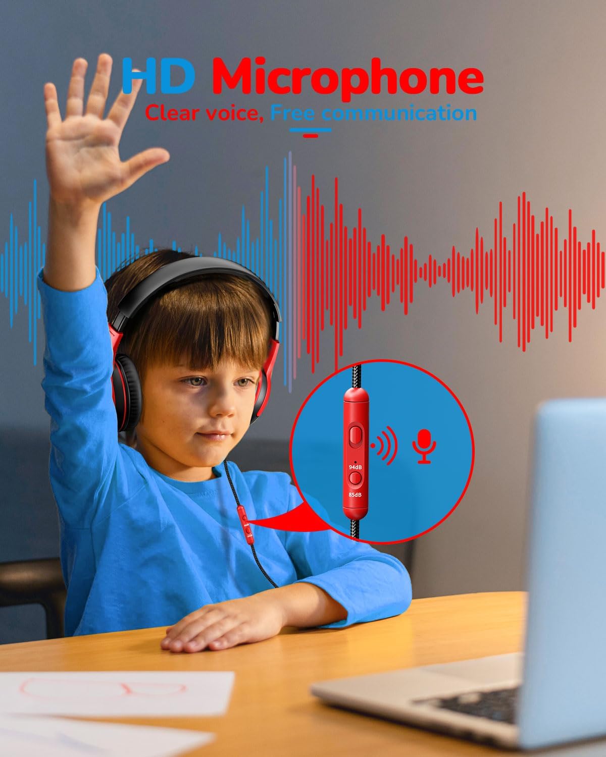 awatrue Kids Headphones with Microphone, Wired Headphones for Kids 85/94dB Safe Volume Limit, Over Ear Headsets, Boys Girls Childrens Headphones for School/Travel/Fire Tablet/BlueOrange