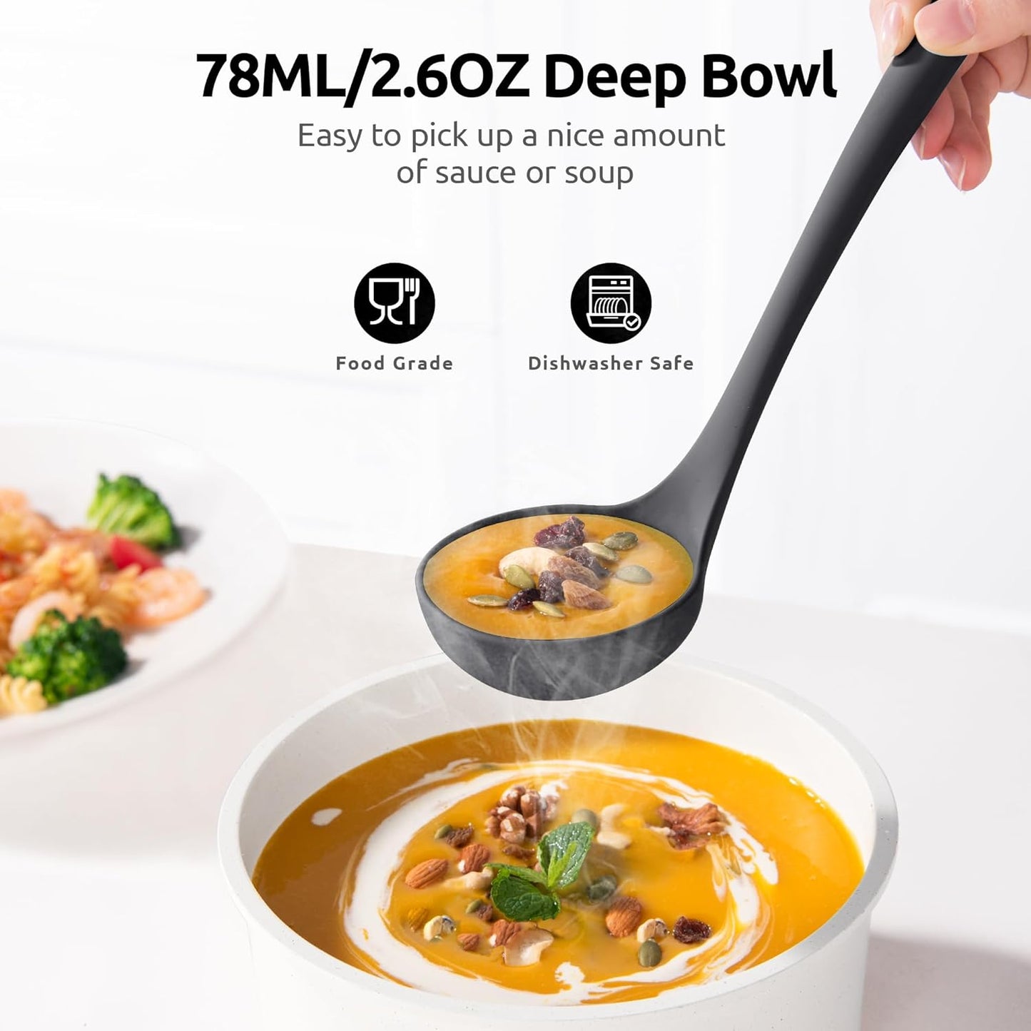 13 inch Silicone Soup Ladle: U-Taste 600ºF Heat Resistant 4 oz Large Non-Stick Seamless Rubber Kitchen Deep Serving Spoon with Non-Slip Solid Long Handle for Cooking Sauce/Stews/Gravies/Chili(Purple)