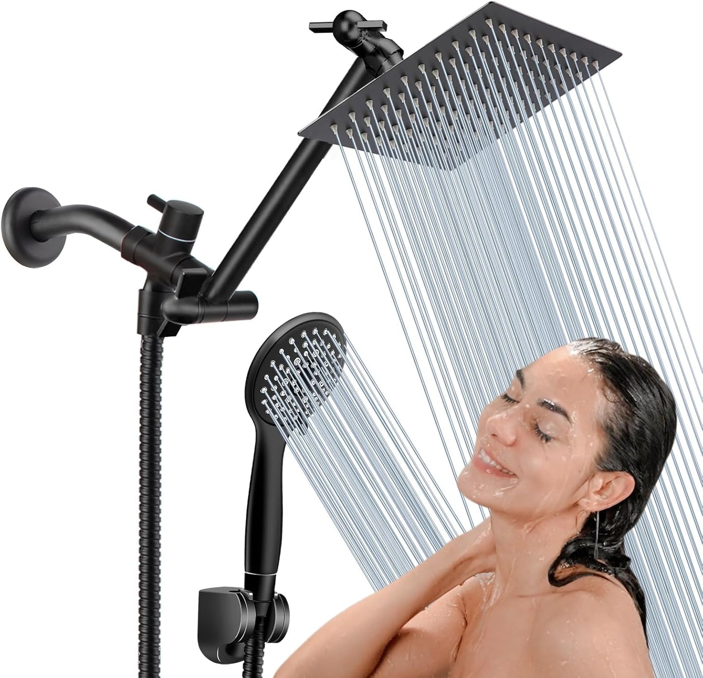 COSYLAND Rain Shower Head with Handheld - 304 Stainless Steel High Pressure 8 inch Square Rainfall Showerhead Combo with 5 Spray Mode 11 inch Extension Adjustable Arm & 60 inch Hose - Chrome