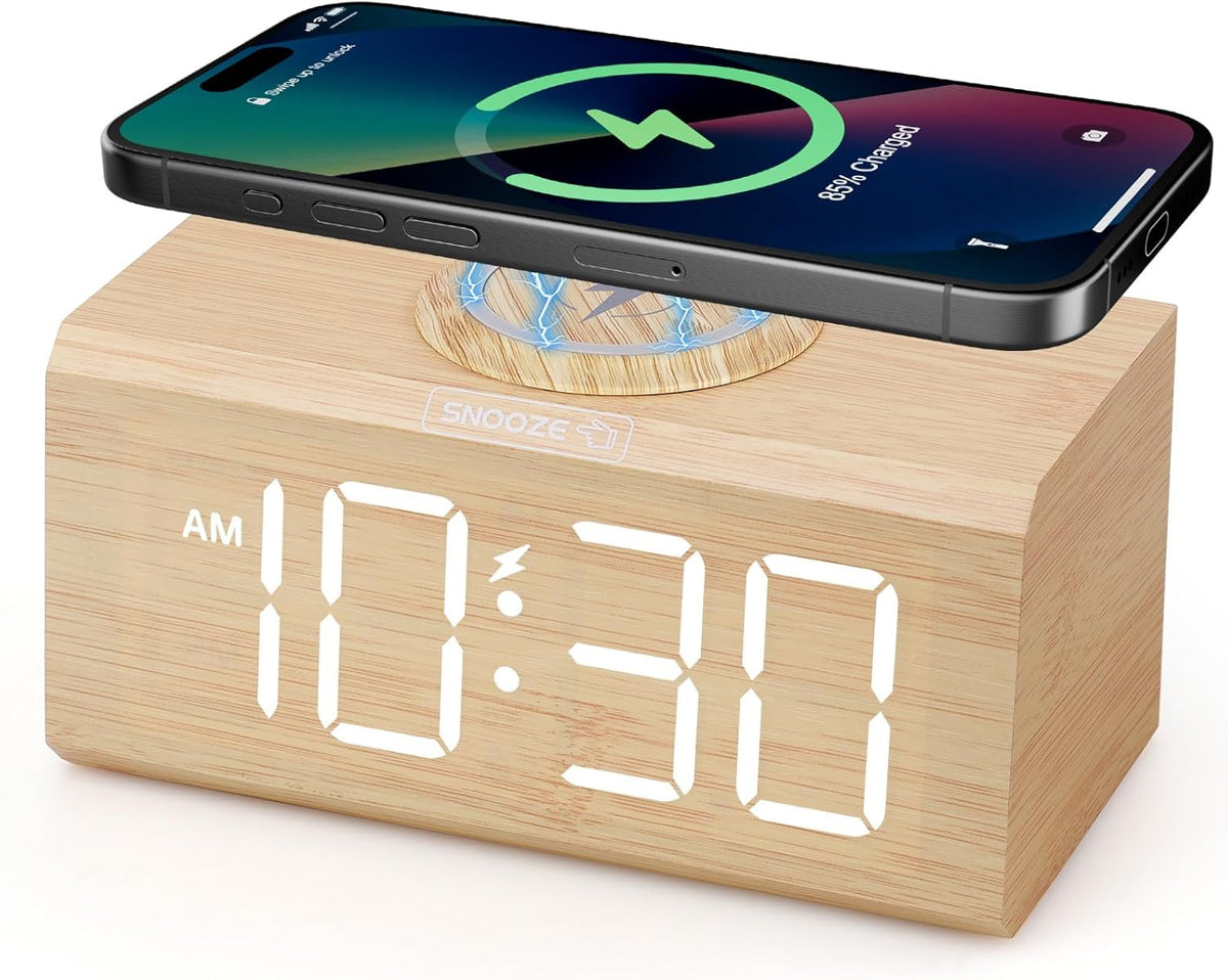 Wooden Alarm Clock with 15W Fast Wireless Charging, Dual Alarms, Large Display, Adjustable Brightness, USB Charging, Battery Backup, Dimmable Nightstand Clock (Bamboo) - PuriLite