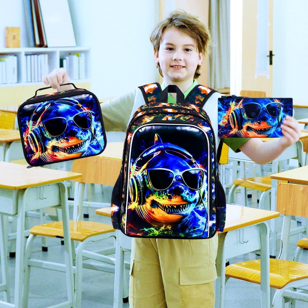 3pcs Backpack for Boys and Girls, 16” Kids Kindergarten Bookbag with Lunch Box, Cute Elementary Backpacks for Boy Girl