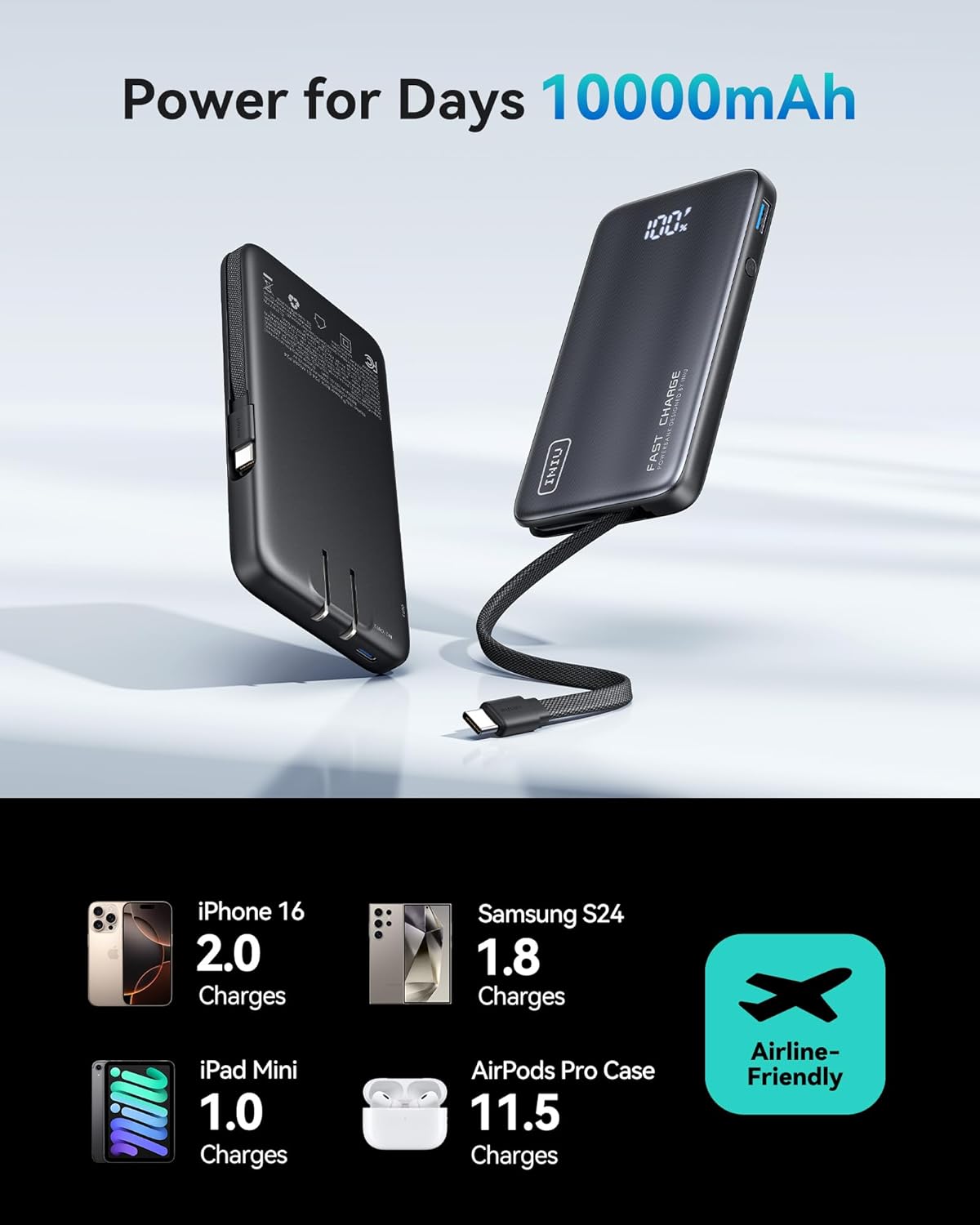 INIU 3-in-1 Portable Charger, Slim 10000mah Power Bank with Built-in USB C Cable and Foldable AC Plug, 45W PD Fast Charging Battery Pack, Travel Charger for iPhone 16 15 Samsung S23 S22 Google etc