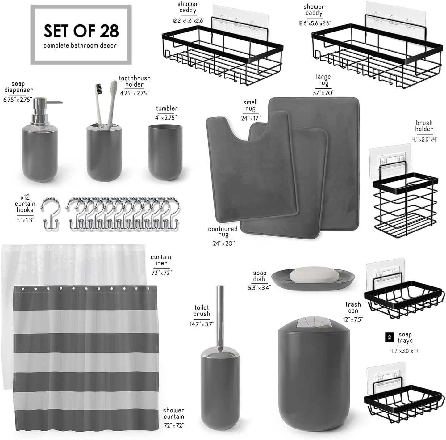 Clara Clark Bathroom Set - Gray Bathroom Accessories Set, Bathroom Sets with Shower Curtain and Rugs, 23PC Shower Curtain Set with Liner, Soap Dispenser, Soap Dish, Toilet Brush Holder, and Trash Can
