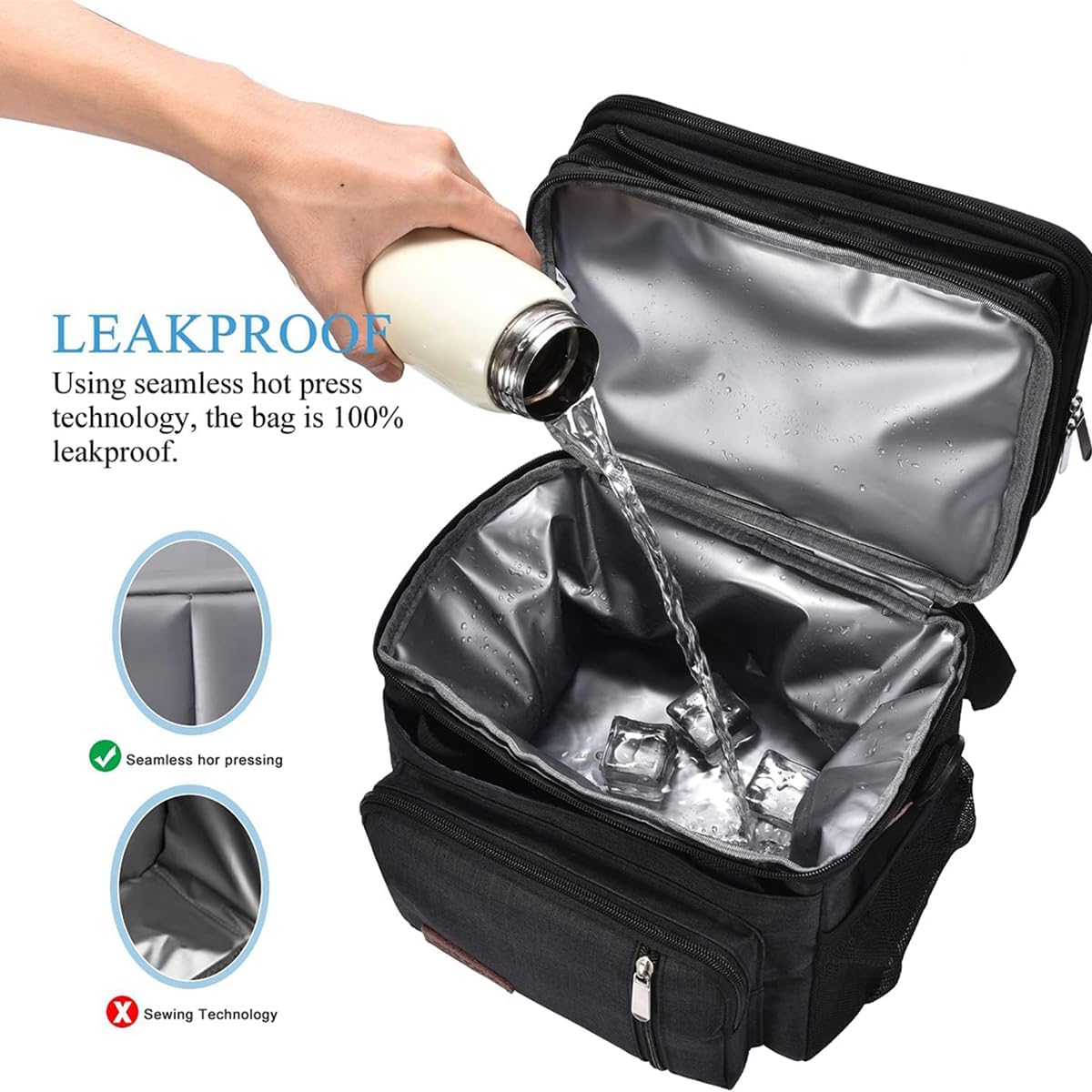 Lunch Bag for Women Men Double Deck Lunch Box - Leakproof Insulated Soft Large Lunch Cooler Bag, MIYCOO (Black,15L)
