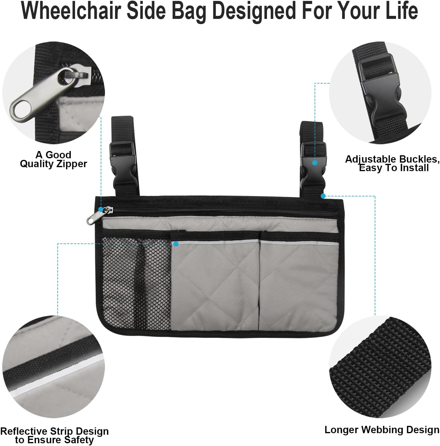Wheelchair Side Bag, Wheelchair Armrest Storage Pouch with Cup Holder and Reflective Strip for Wheelchairs, Walkers or Rollators (Black)