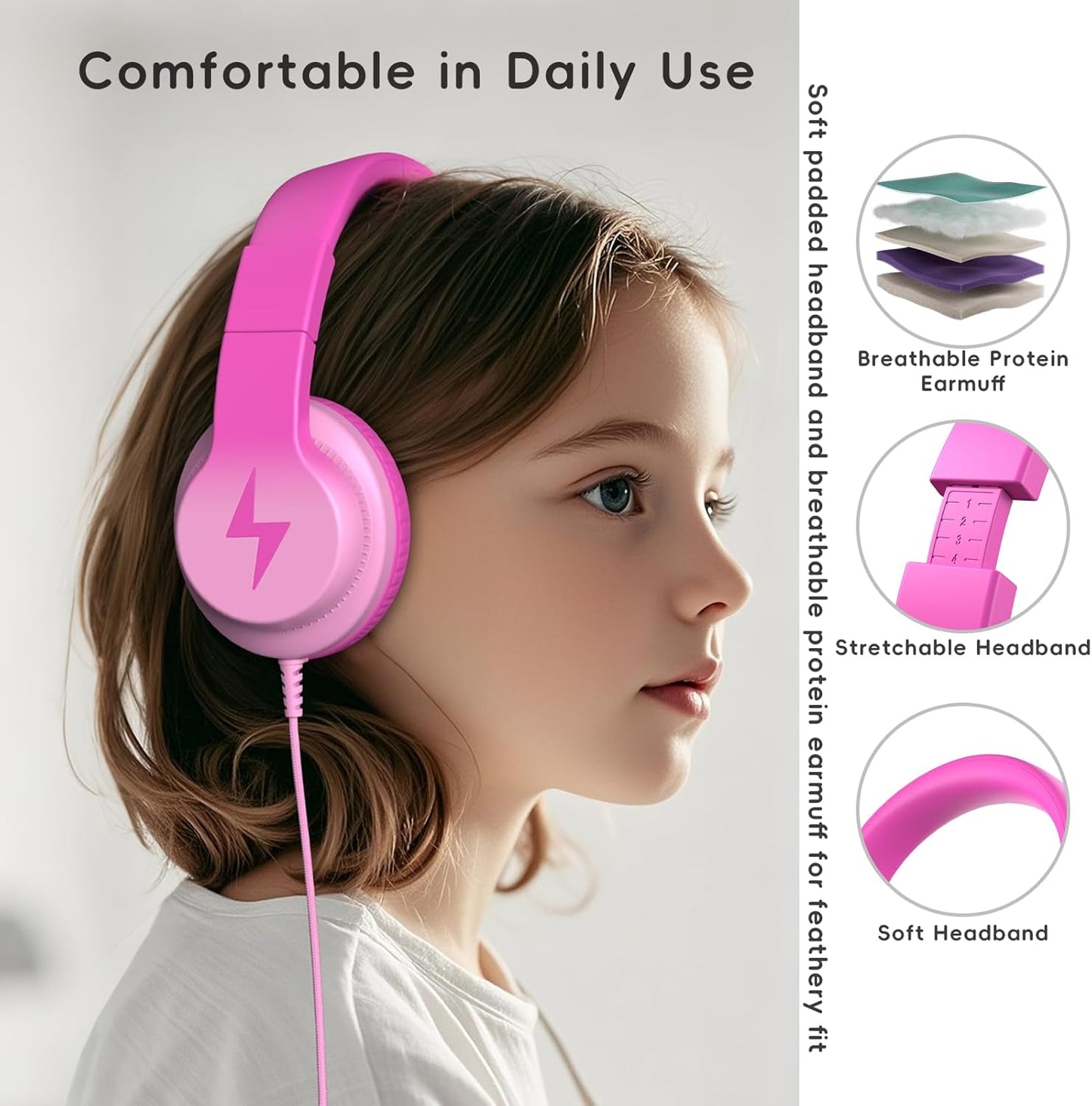Kids Headphones, Wired Headphones for Kids Over Ear with Microphone, 85/94dB Volume Limiter Headphones for Girls Boys with Sharing Jack, Foldable Headphones for Online Study, Gradient Deep Pink