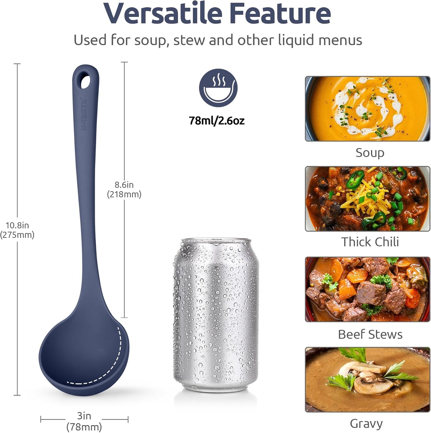 13 inch Silicone Soup Ladle: U-Taste 600ºF Heat Resistant 4 oz Large Non-Stick Seamless Rubber Kitchen Deep Serving Spoon with Non-Slip Solid Long Handle for Cooking Sauce/Stews/Gravies/Chili(Purple)