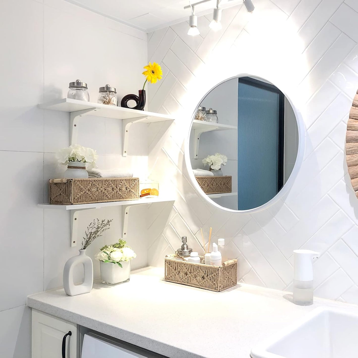 Mkono Macrame Storage Baskets Boho Decor Box Handmade Woven Decorative Countertop Toilet Tank Shelf Cabinet Organizer for Bedroom Livingroom Home, Set of 2, Ivory