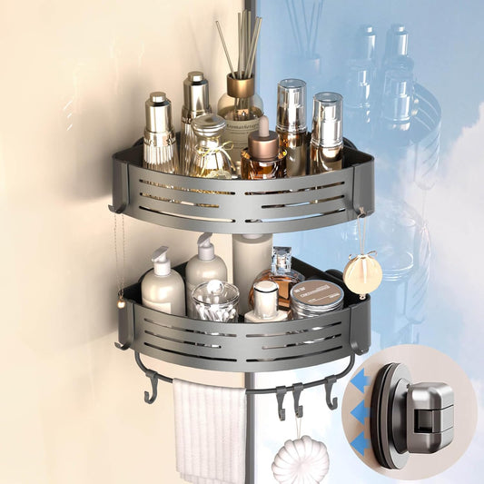 Onemake Corner Shower Caddy with Suction Cups, 2-Pack Removable Aluminum Wall Mounted Organizer Shelves Storage Rack with 2 Towel Bars 12 Portable Hooks, for Bathroom, Kitchen,Grey