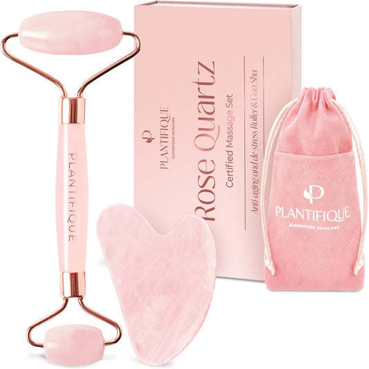 Plantifique Rose Quartz Gua Sha Facial Tool and Face Roller Set - Anti Aging Guasha Tool for Face, Eyes, Neck Massager for Lymphatic Drainage - Rouleau Visage