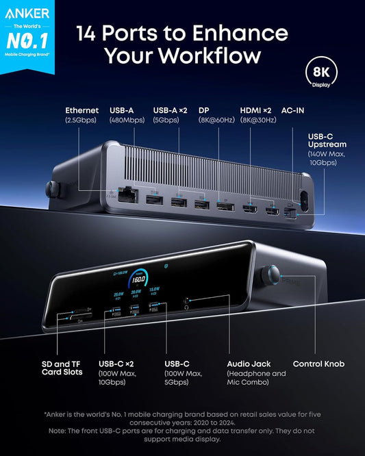 Anker Prime Docking Station (DL7400), 14-Port Triple Display with DisplayLink, 140W Max USB-C Port, Smart Display and Built-In Cooling Fan, Up to 8K, For macOS and Windows, DisplayLink Driver Required - PuriLite