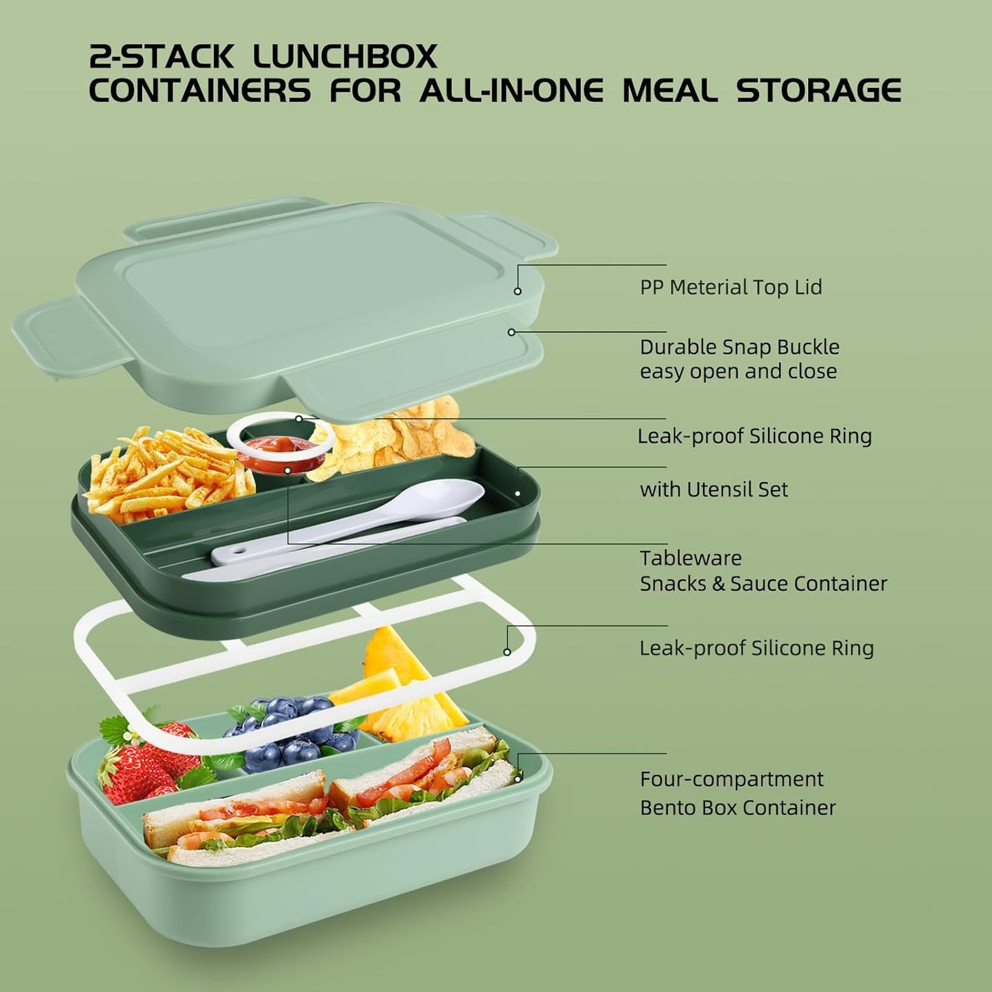 Bento Box Adult Lunch Box - 2000 ML Stackable with 8 Compartments, Leak-Proof, Built-in Sauce Container, Utensils, Microwave/Dishwasher/Freezer Safe - Blue