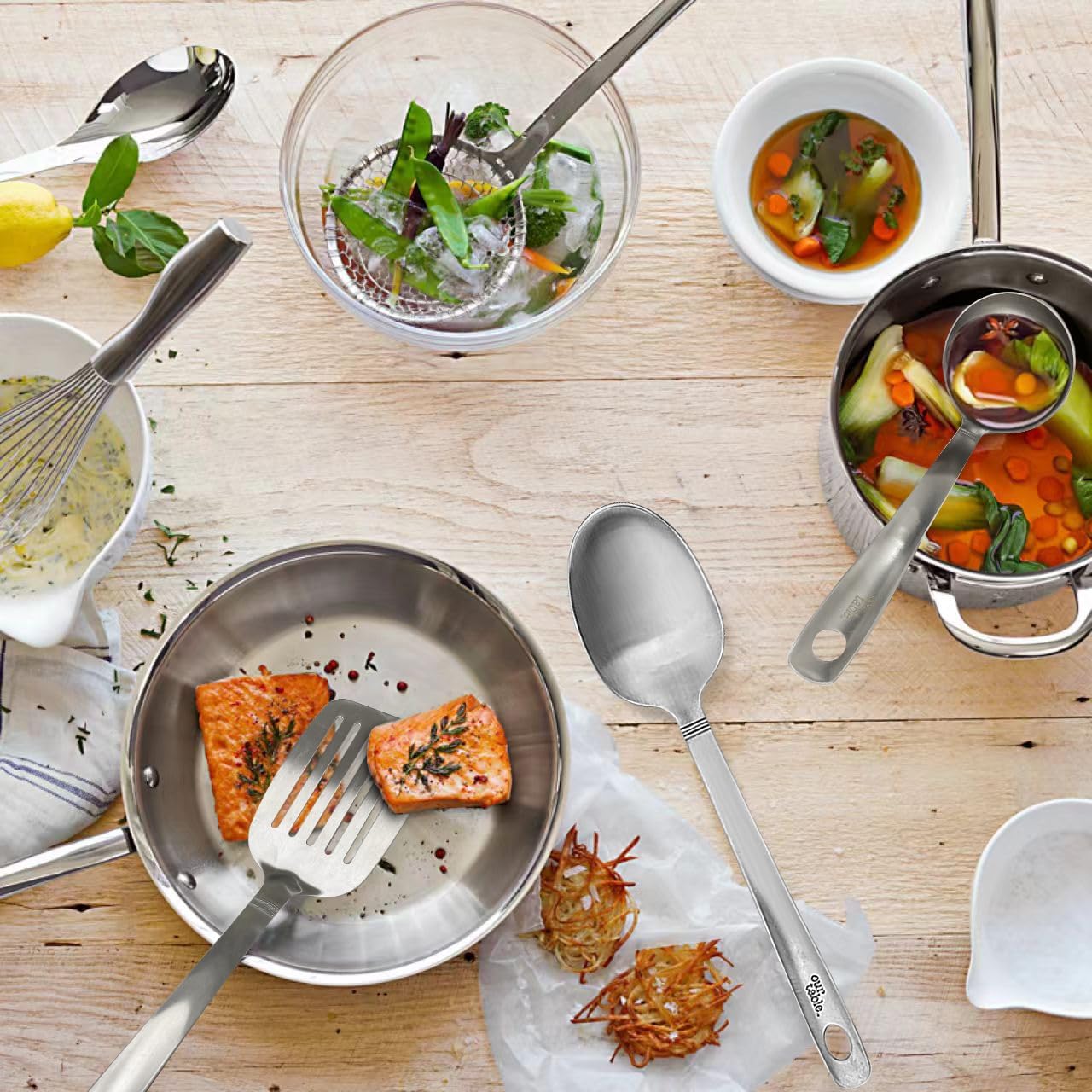 Our Table 3 Pieces Cook & Serve Stainless-Steel Utensils Set,Kitchen Soup Ladle,Cooking Spoon,Slotted Turner Spatula for Serving Your Favorite Meals