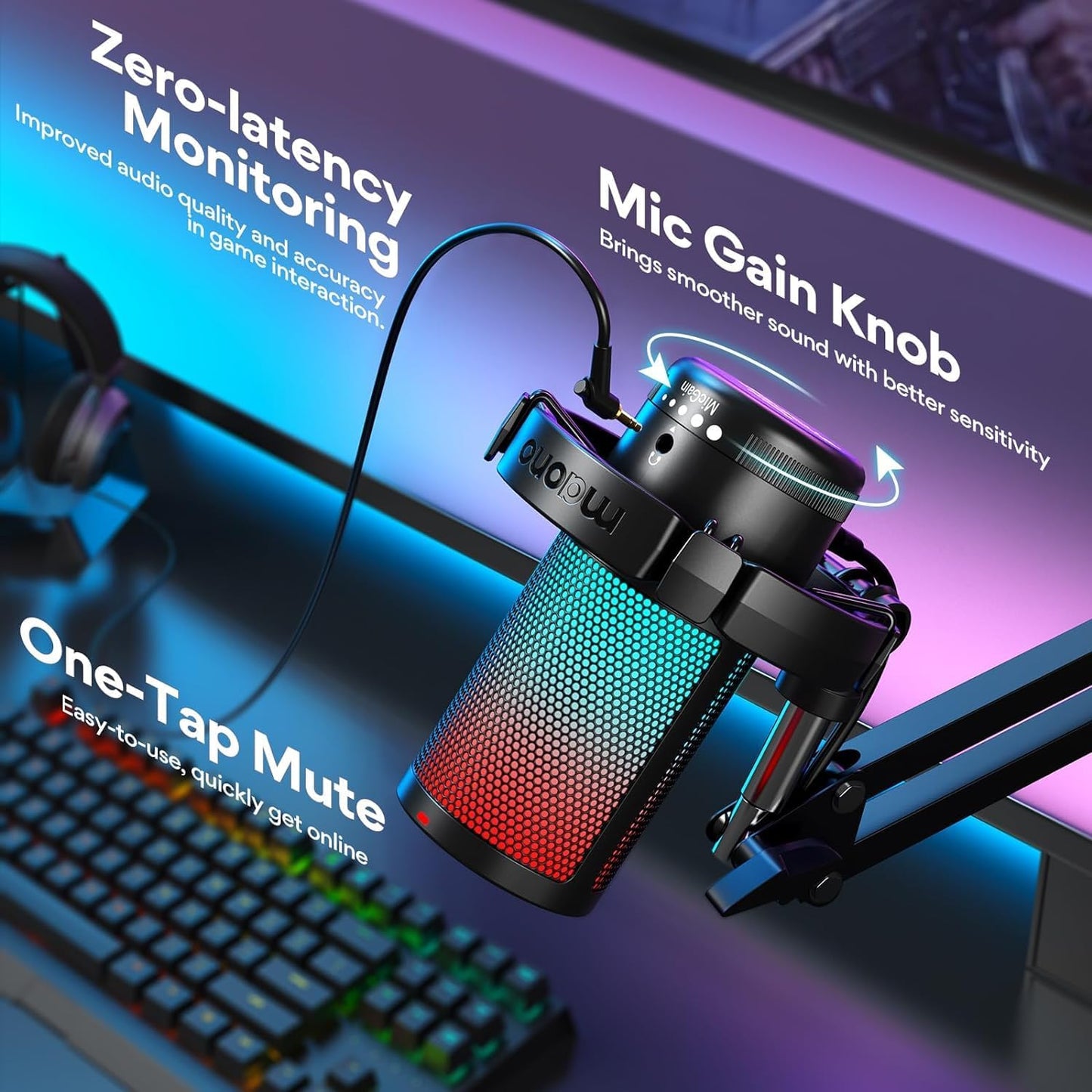 MAONO Gaming USB Microphone, Noise Cancellation Condenser mic with Mute, Gain, Monitoring, Boom Arm for Streaming, Podcast, Vocal, Twitch, YouTube, Discord, PC, Computer, PS4, PS5, Mac, DGM20S