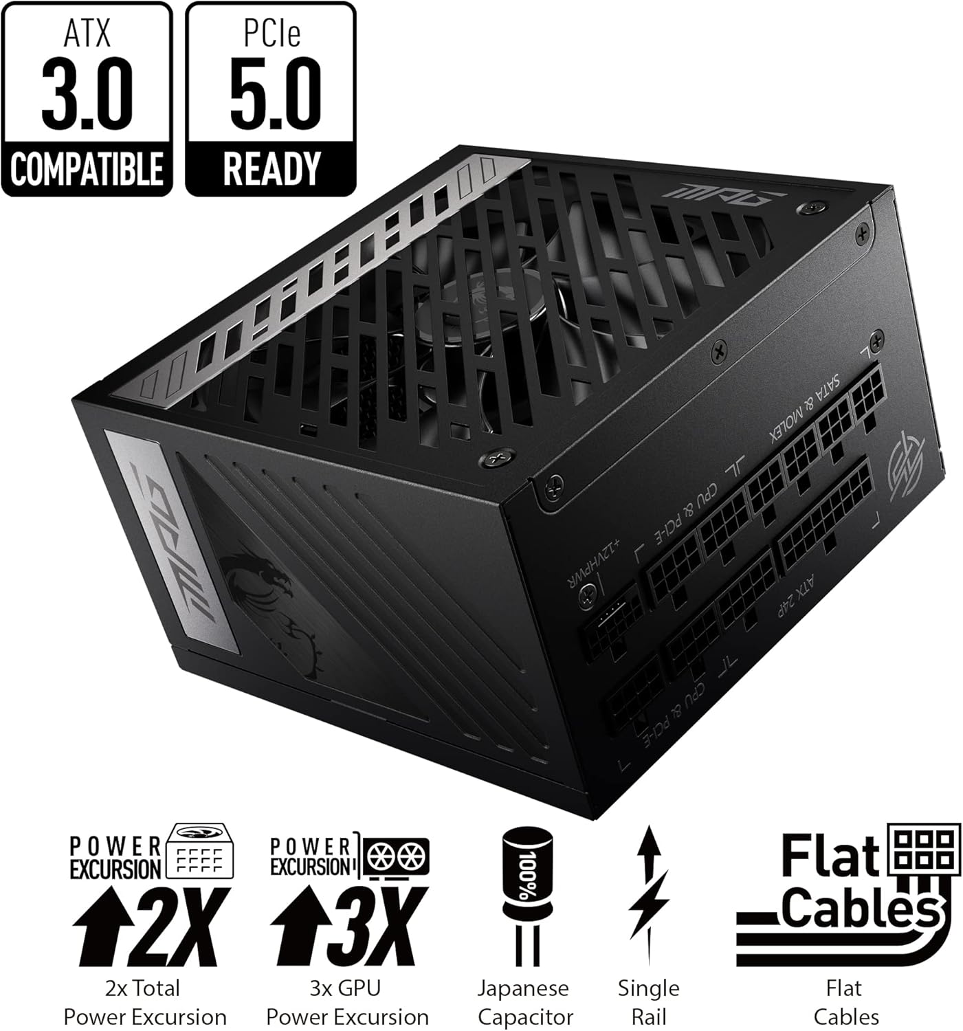 MSI MPG A1250GS PCIE5, 80 Plus Gold Full Modular 1250W Power Supply, 12V-2x6 Cable, ATX 3.1 & PCIE 5.1 Ready