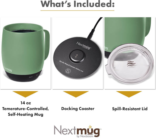 Nextmug - Temperature-Controlled, Self-Heating Coffee Mug (Sage - 415 mL) - PuriLite