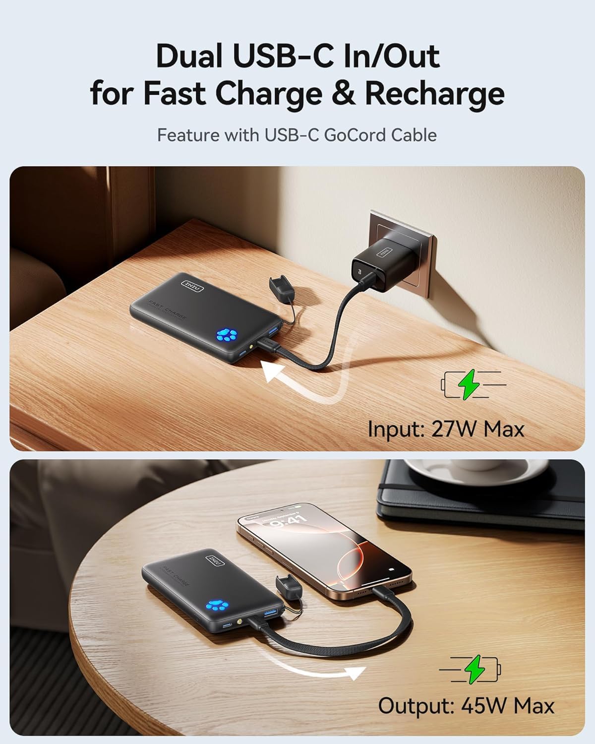 Ultra Slim 45W Fast Charging Power Bank | 10000mAh Portable Charger | USB-C Input Output Battery Pack | Mini Travel Power Bank | Pocket-Size External Battery for Phone and Tablet - PuriLite
