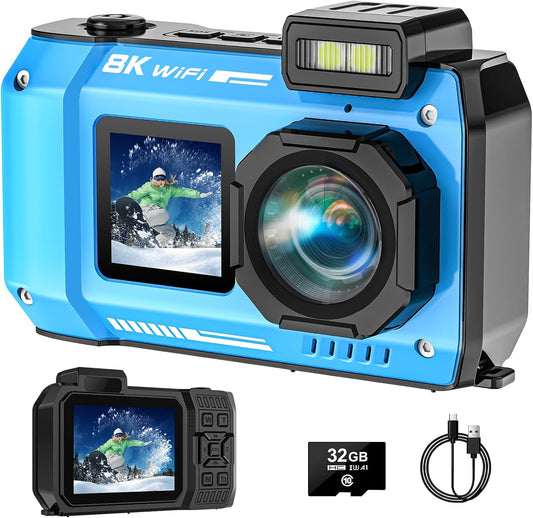 UHD 8K Underwater Camera, 70MP 33FT WiFi Waterproof Digital Camera with 64GB Card, Auto Focus Waterproof Dual-Screen Selfie 2500mAh Battery, 18X Floatable Digital for Snorkeling
