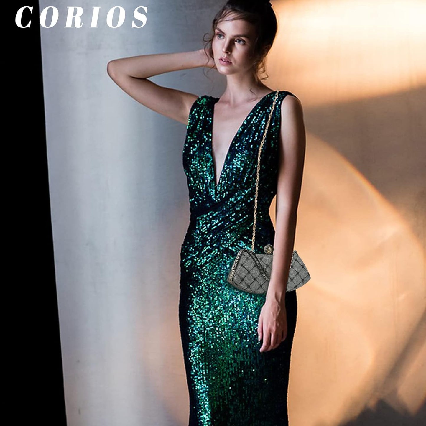 CORIOS Rhinestone Evening Bag Sparkly Sequin Clutch Bag for Women Bridal Wedding Purse Glitter Shoulder Bag Crystal Handbag