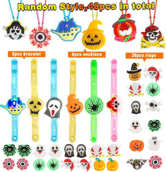 CCINEE Halloween Party Favors for Kids,48pcs Halloween Light Up Flash Rings Bracelet Necklace Glow in the Dark Toys for Kids Halloween Bag Filler Trick or Treat - PuriLite