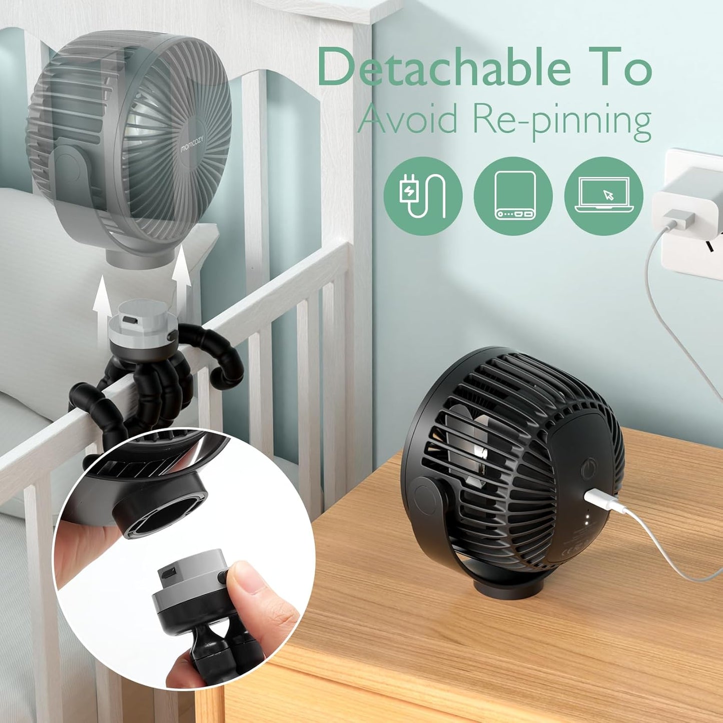Momcozy Portable Stroller Fan, 27H Ultra-long Battery Life, Detachable 4 Speed 360°Rotate, LED Night Light with 2 Modes, USB Rechargeable and Handheld Cooling Fan for Travel, Car Seat