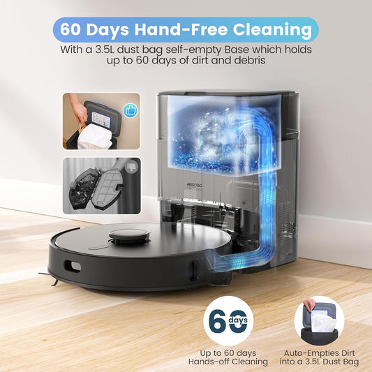 AIRROBO Robot Vacuums and Mop Combo, Self-Emptying, 60-Day Capacity, Home Mapping, Schedule, Wi-Fi/App/Alexa/Remote, 180mins Runtime, T20+ Robotic Vacuum Cleaner for Pet, Hard Floors, Carpet - PuriLite