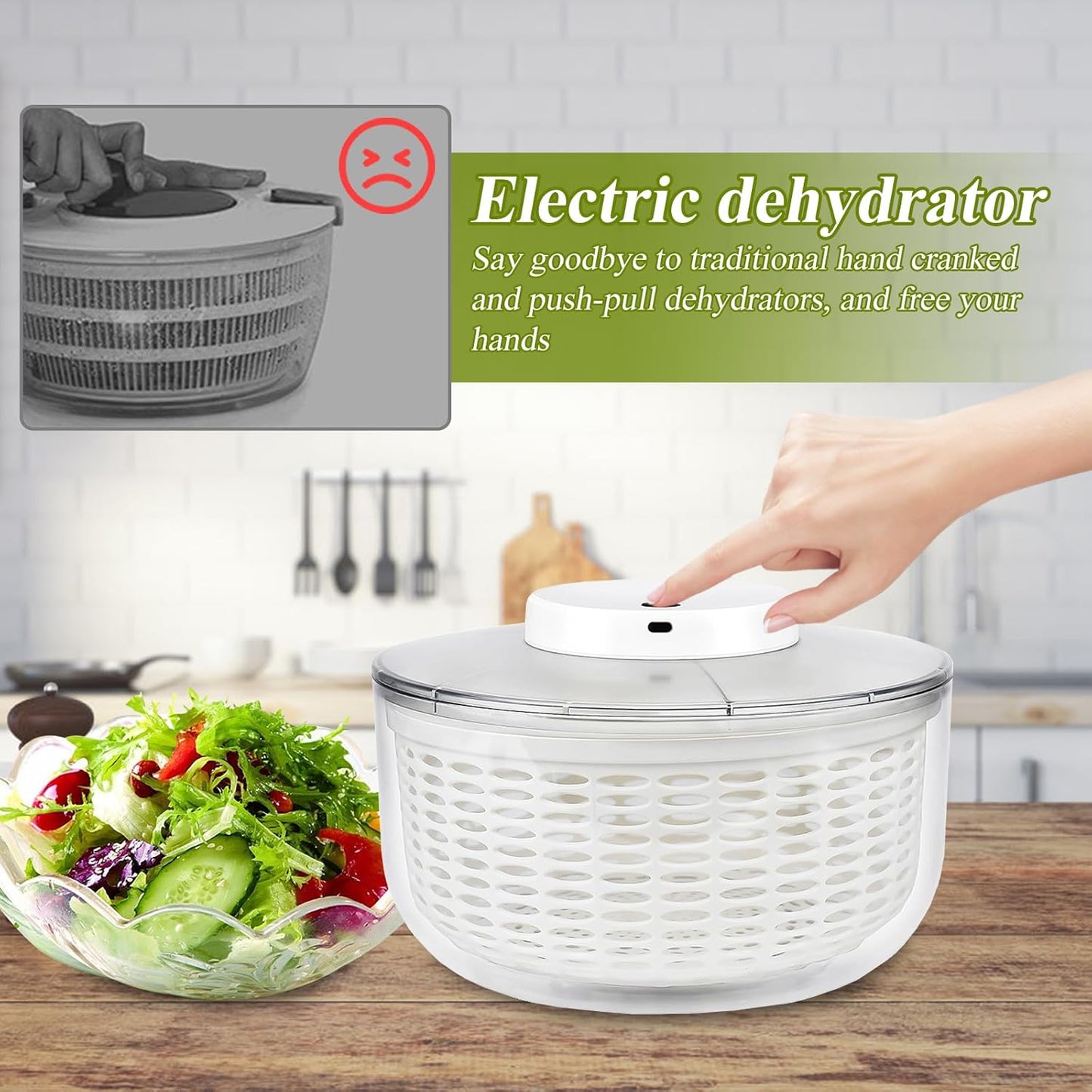 Electric Salad Spinner 6L Automatic Salad Spinner with 350 ml Squeeze Bottle, Quick Dehydrator for Fruit Vegetables,Lettuce Spinner with Lid, Multifunction Large Capacity, USB Rechargeable