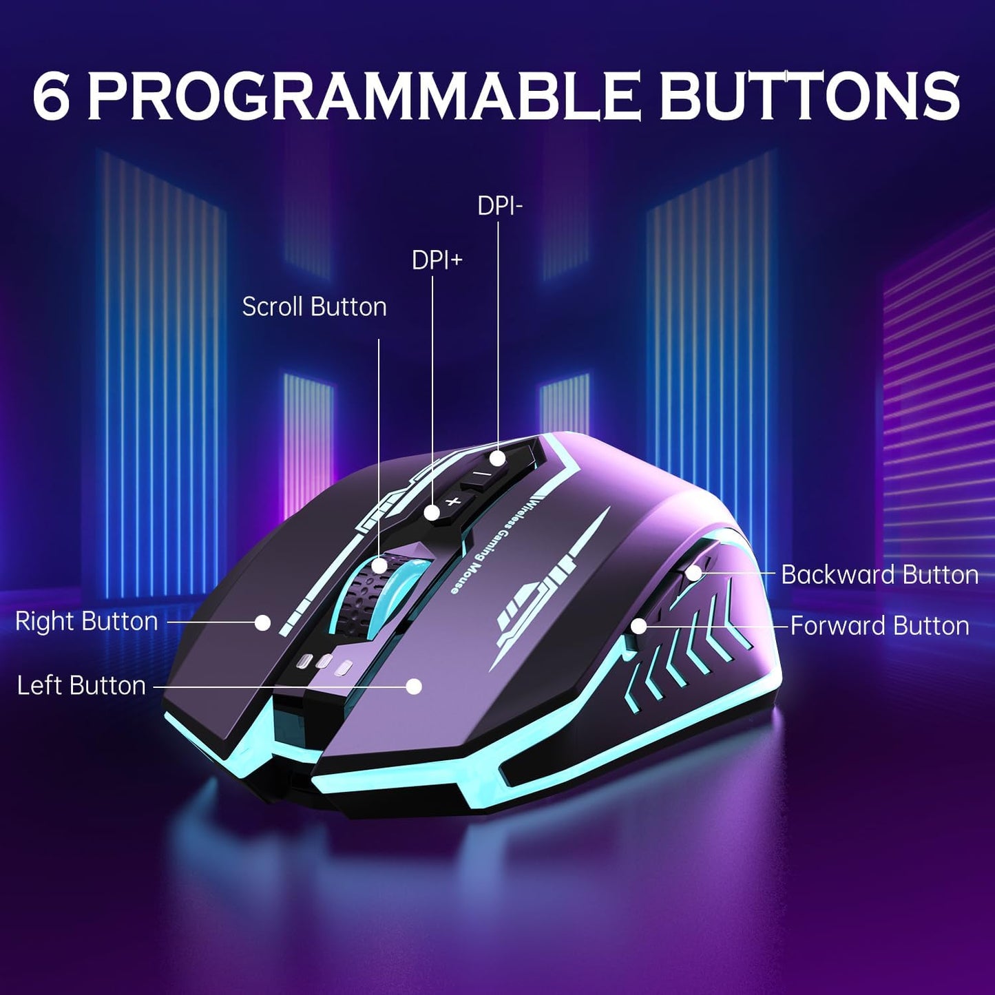 Wireless Gaming Mouse Up to 10000 DPI, UHURU Rechargeable USB Wireless Mouse with 6 Buttons 7 Changeable LED Color Ergonomic Programmable MMO RPG for PC Laptop, Compatible with Windows Mac