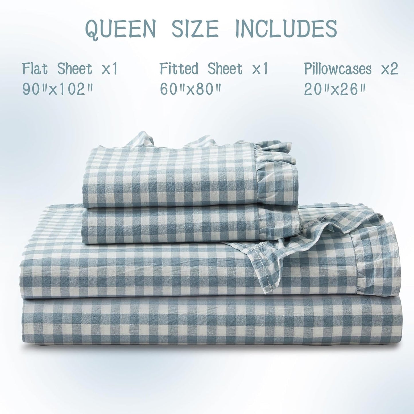 KKJIAF 3 Pieces Plaid Ruffle Twin Bed Sheets, Gingham Twin Sheet Set Comfy Breathable Ruffed Bed Sheet Set with 16 Inch Deep Pocket, Dusty Blue