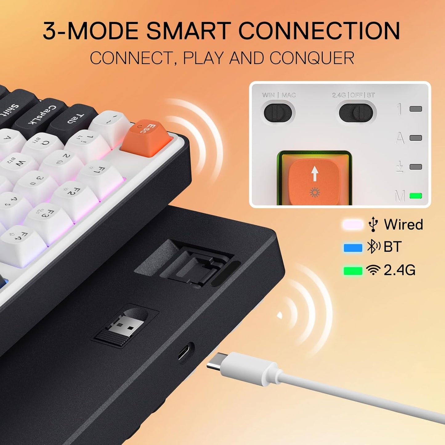 Wireless RGB Mechanical Gaming Keyboard with Gasket Mount, Hot-Swappable Custom Linear Switches, 104 Keys + 4 Hotkeys, Noise Dampened, Ergonomic Design, USB-C/Bluetooth/2.4G Wireless – Black Tangerine - PuriLite