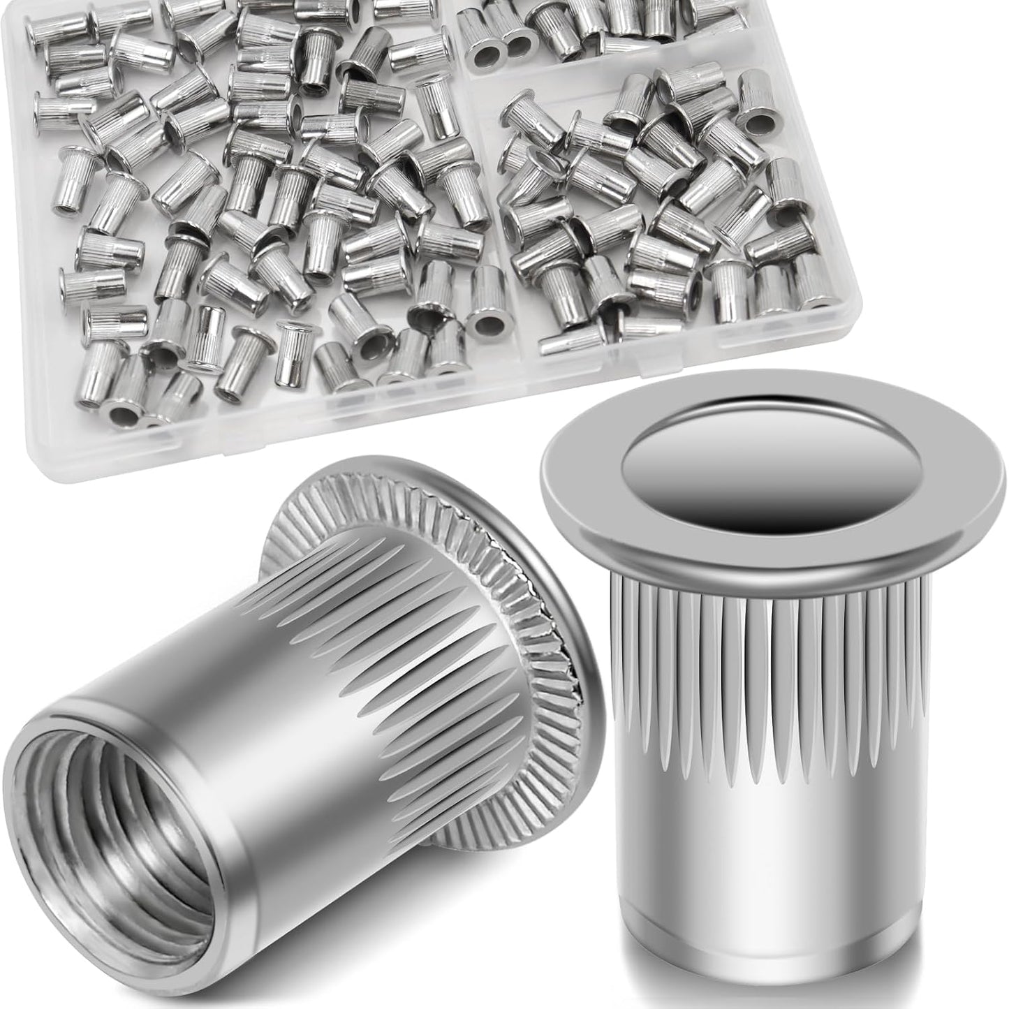 Vifmy Metric & SAE Rivet Nut Assortment Kit(420 Pcs),m3 m4 m5 m6 m8 m10 m12#6-32#8-32#10-24 1/4"-20 5/16"-18 3/8"-16 UNC Flat Head Rivnut Set,Zinc Plated Finish Carbon Steel Nutsert