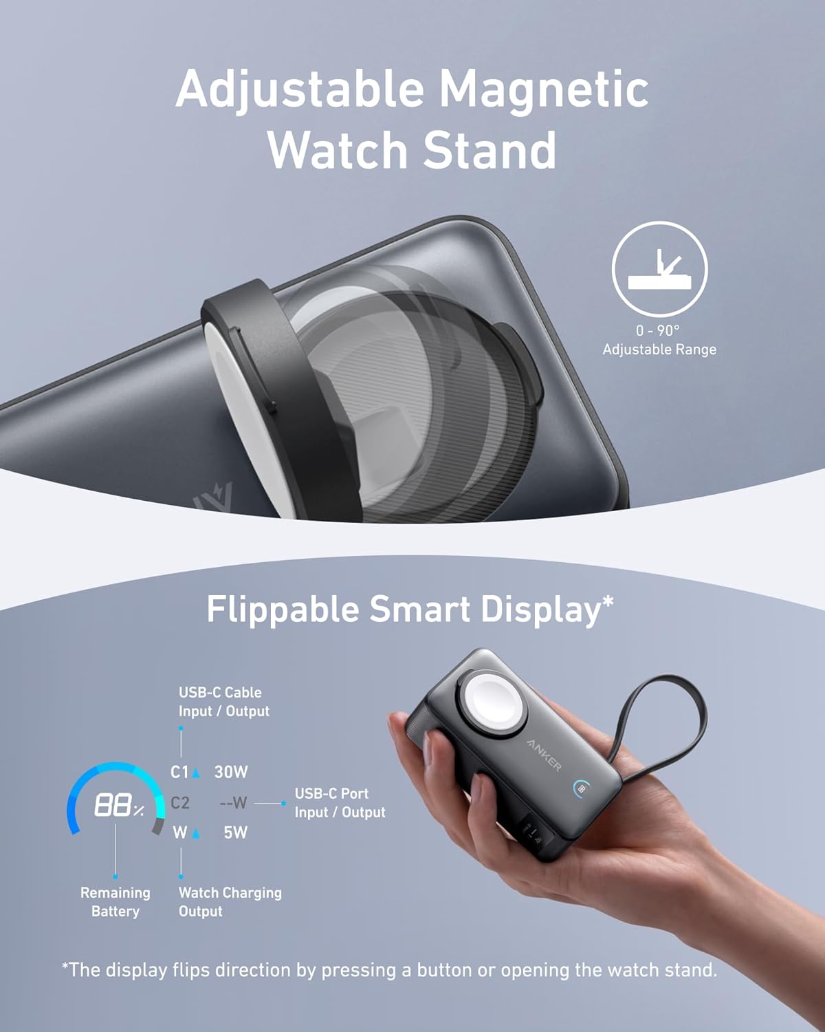Anker MagGo Power Bank for Apple Watch, Officially Certified, 10,000 mAh Compact Battery Pack with Built-in USB-C Cable, 35 W Max, for iPhone 15 Series, Samsung, iPad, AirPods and More