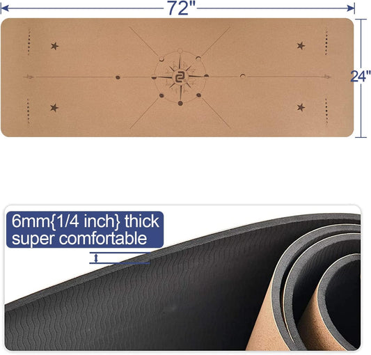 Numat Cork Yoga Mat 6mm (1/4 inch) Thick 72 x 24 in, Sweatproof NonSlip Eco-friendly, Lightweight TPE foam with Alignment Lines, Great for Hot Yoga, Pilates, Gym and Exercise, Black Carrying Bag w.