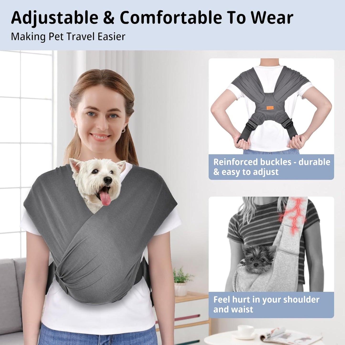 CUBY Swaddle Dog Sling Carrier for Small Dogs, Front Pet Sling Carrie Chest, Hands Free Adjustable Cat Slings Carrier Soft Cotton Reducing Pain Puppy SlingCarrier for Small Pets Up to 11lb (Grey)