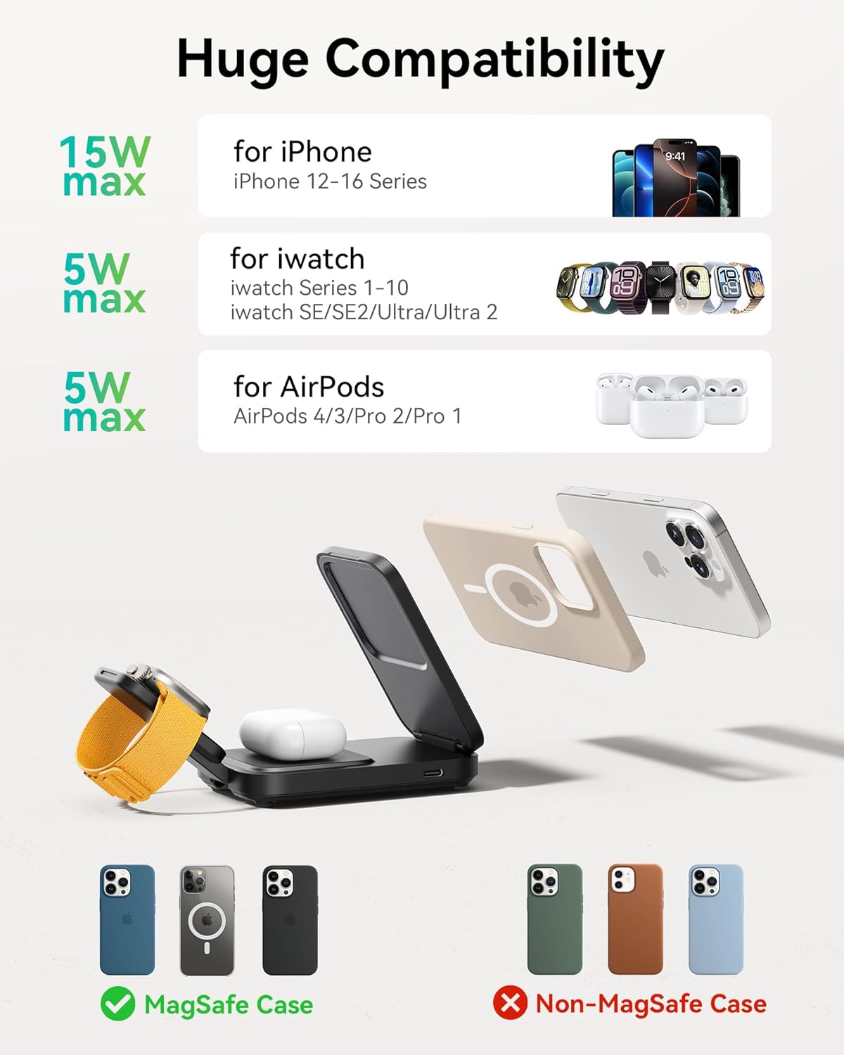 INIU 3 in 1 Wireless Charging Station, Qi2 Certified 15W Travel Charger for Apple Multiple Devices, Foldable Charger Stand for iPhone 16 15 14 13 12 Series Apple Watch AirPods (with Adapter)