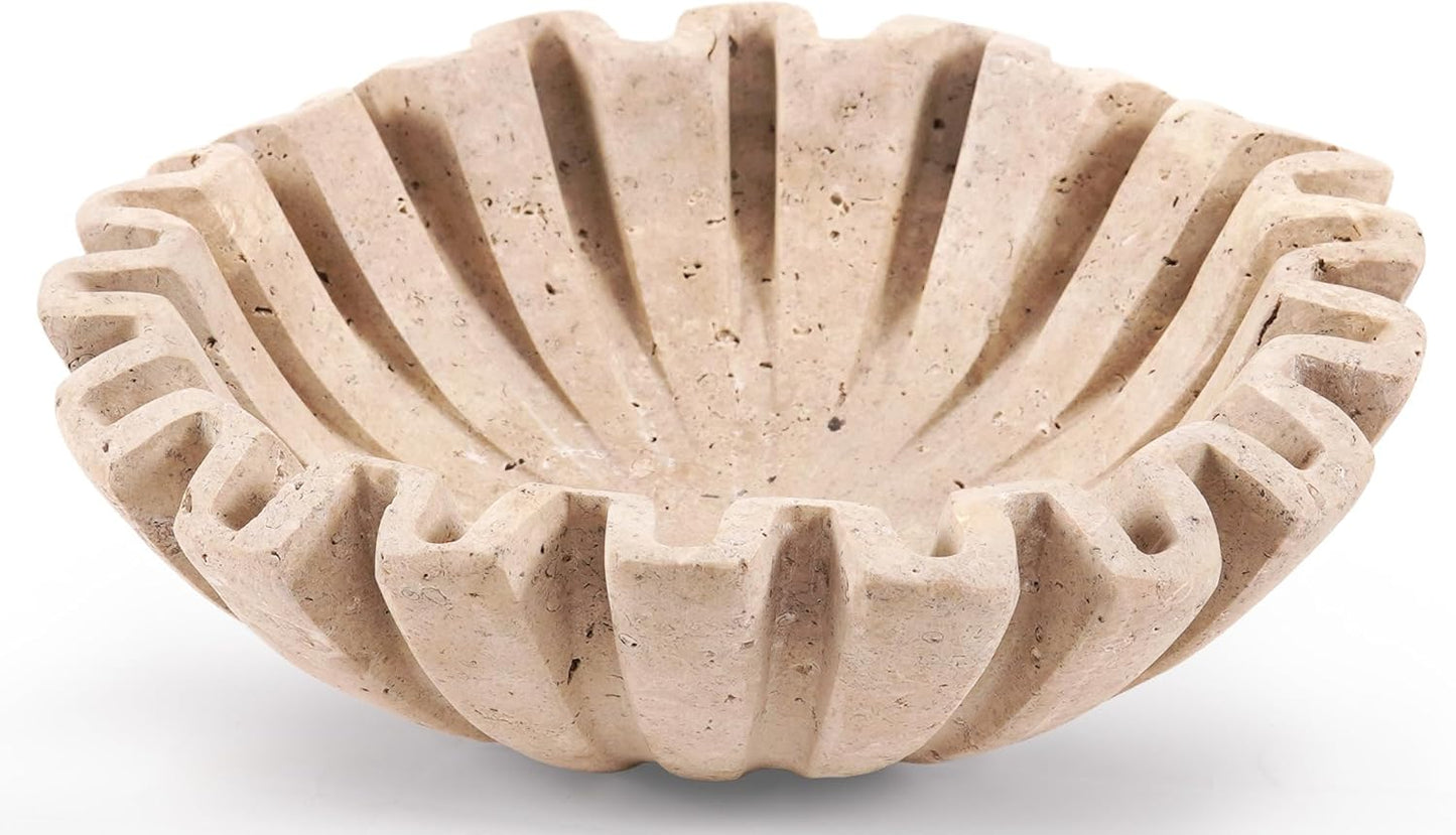 Handmade Travertine Decorative Bowl | Ruffle Stone Bowl | Scalloped Key Bowl | Entryway Accent Bowl | Table Centerpiece Bowl