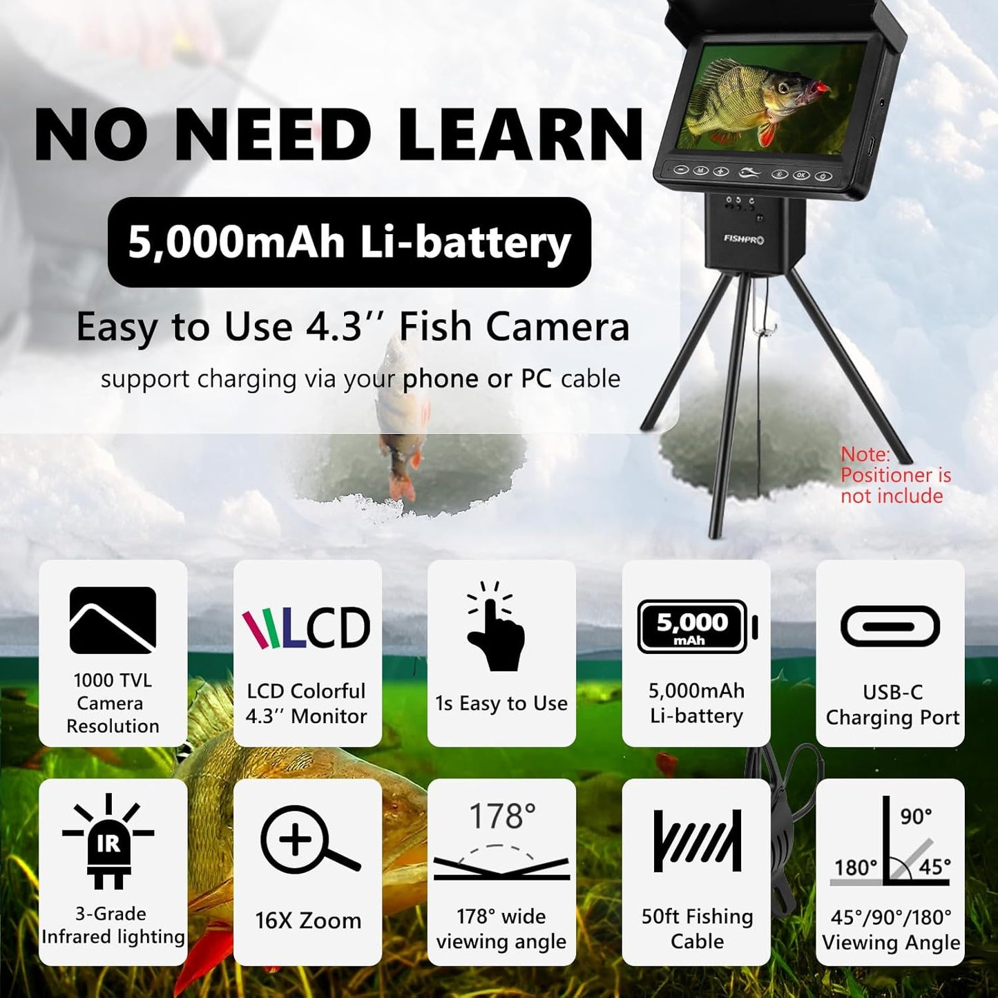FishPRO Underwater Fishing Camera - MOQCQGR 4.3'' (NO Need Learn) Ice Fishing Camera Underwater, 3-Grade IR Lighting, 4X Zoom, 1000TVL Ice Fishing Fish Finder for Boat Lake Kayak Ice Fishing