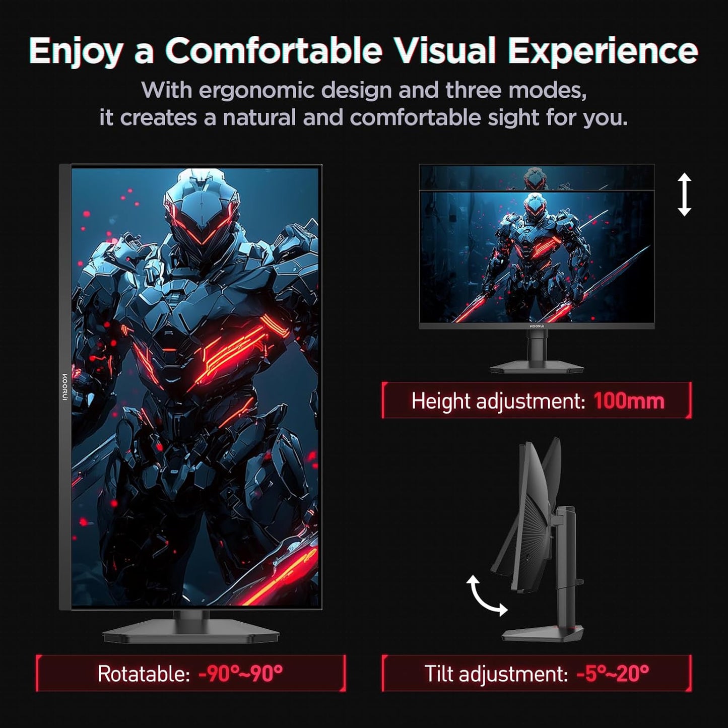 KOORUI Monitor 27 inch QHD 2K Fast IPS Gaming Monitor, 200Hz 1ms, HDR400,95% DCI-P3,Adaptive Sync,Tilt Pivot Swivel Vertical Height Adjustable,HDMI 2.0 &DP 1.4 Ports, G2722P, Black